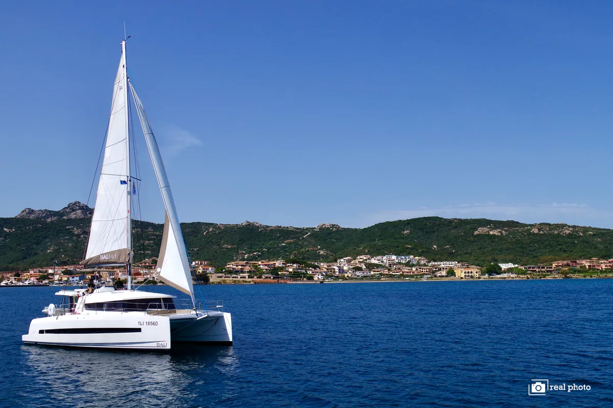 Exterior view of Alba, a Bali 4.1 catamaran at Olbia, Italy