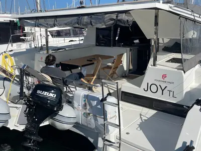 Deck of Joy, a Fountaine Pajot Lucia 40 catamaran at Grimaud, France