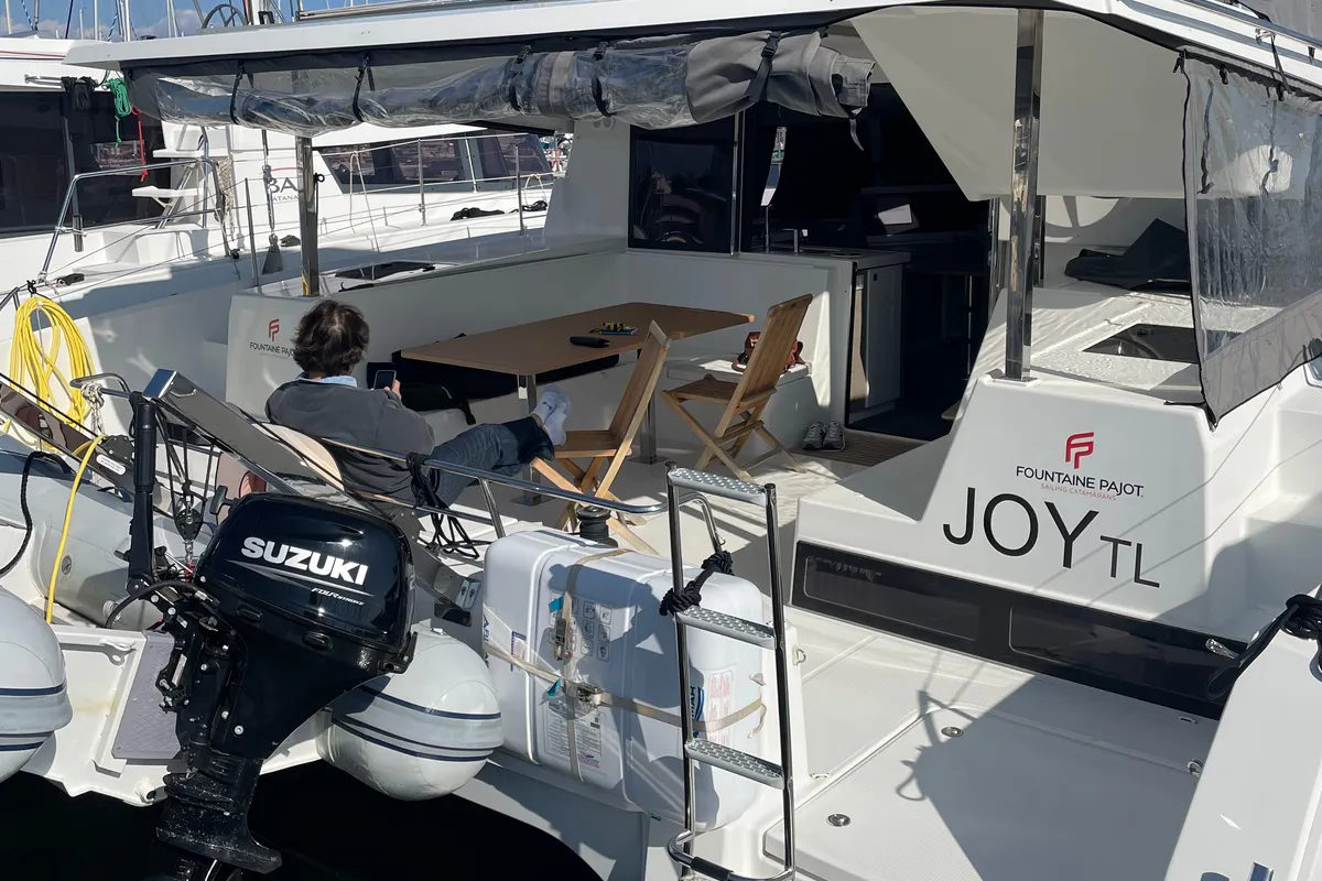 Deck of Joy, a Fountaine Pajot Lucia 40 catamaran at Grimaud, France