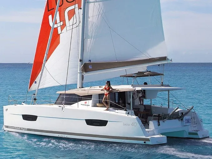 Exterior view of Joy, a Fountaine Pajot Lucia 40 catamaran at Grimaud, France