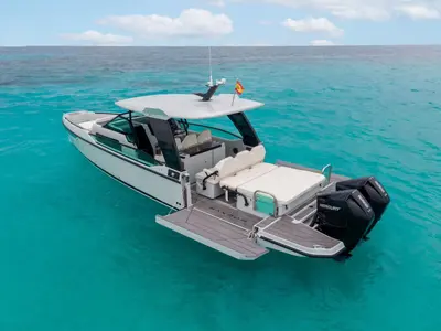 Dry Martini, a Saxdor 320 GTO motorboat at Ibiza, Spain