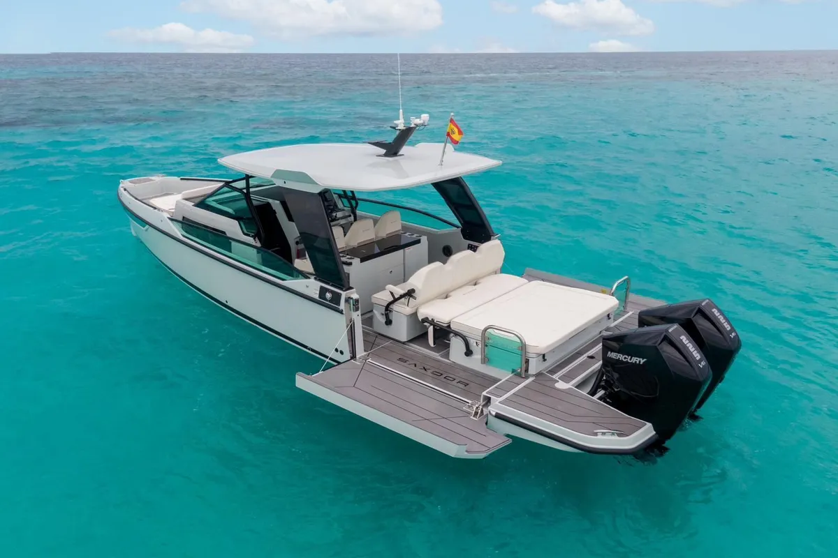 Dry Martini, a Saxdor 320 GTO motorboat at Ibiza, Spain