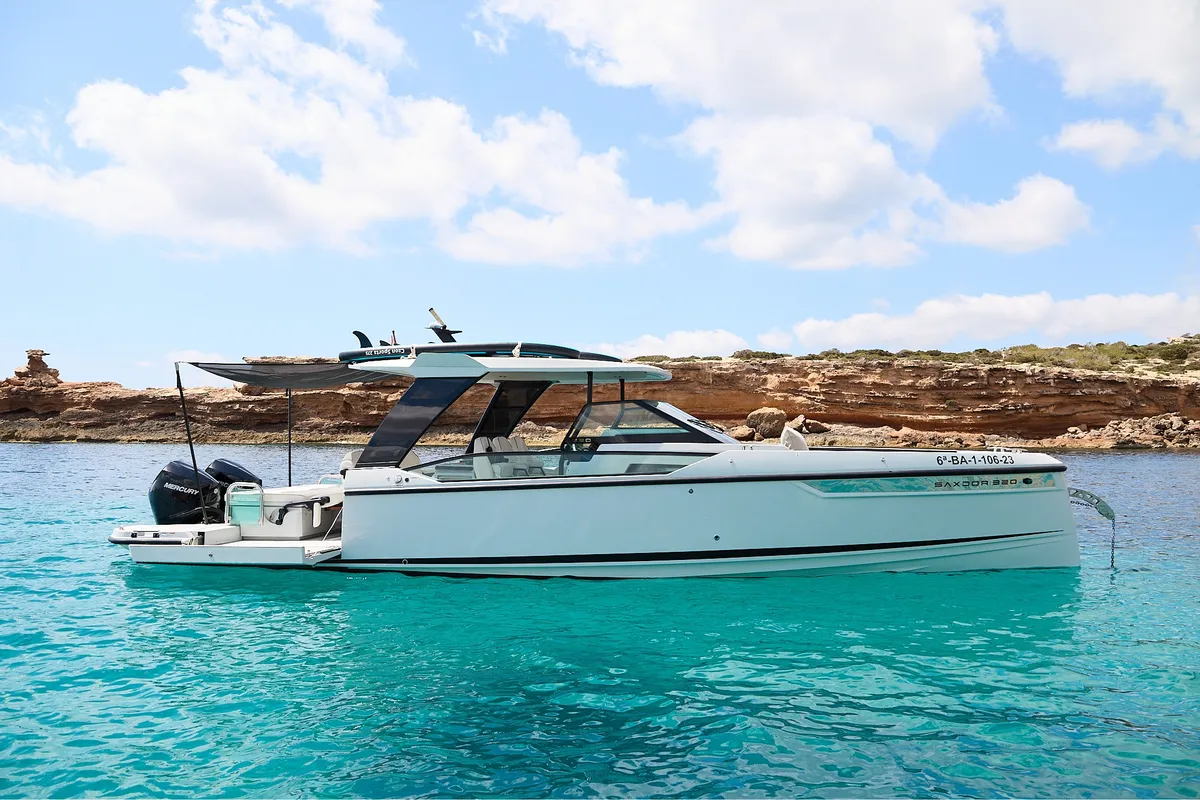 Dry Martini, a Saxdor 320 GTO motorboat at Ibiza, Spain