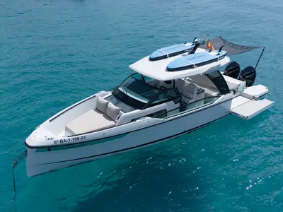 Dry Martini, a Saxdor 320 GTO motorboat at Ibiza, Spain