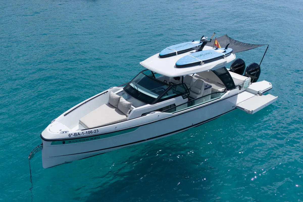 Dry Martini, a Saxdor 320 GTO motorboat at Ibiza, Spain