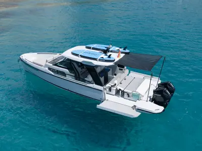 Dry Martini, a Saxdor 320 GTO motorboat at Ibiza, Spain