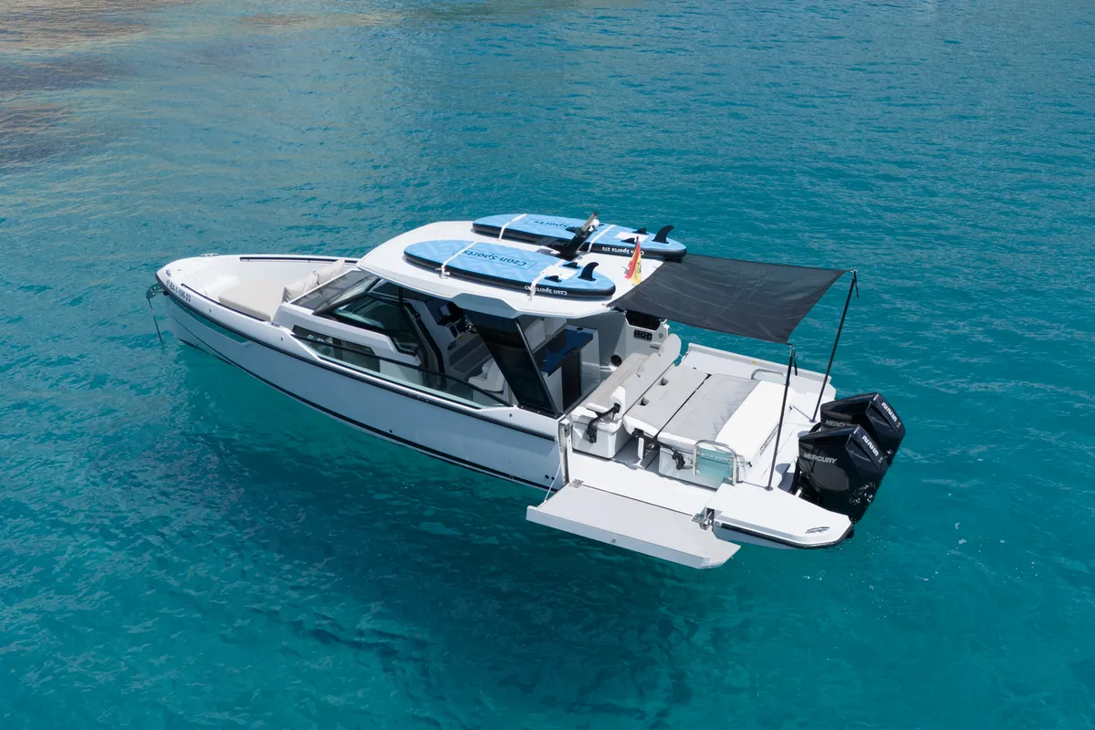 Dry Martini, a Saxdor 320 GTO motorboat at Ibiza, Spain