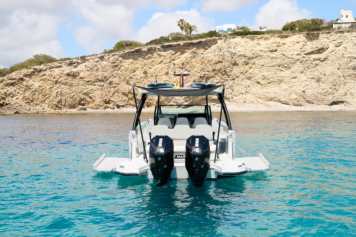 Dry Martini, a Saxdor 320 GTO motorboat at Ibiza, Spain