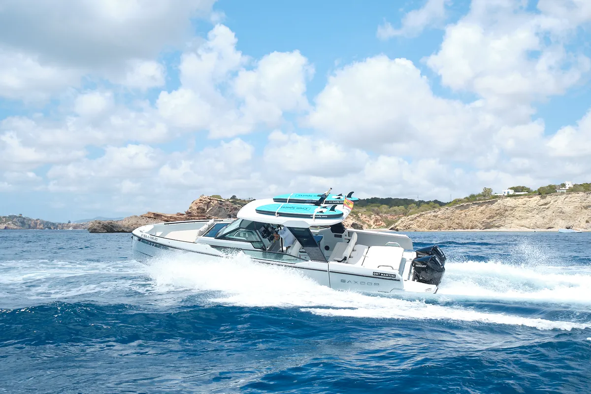 Dry Martini, a Saxdor 320 GTO motorboat at Ibiza, Spain