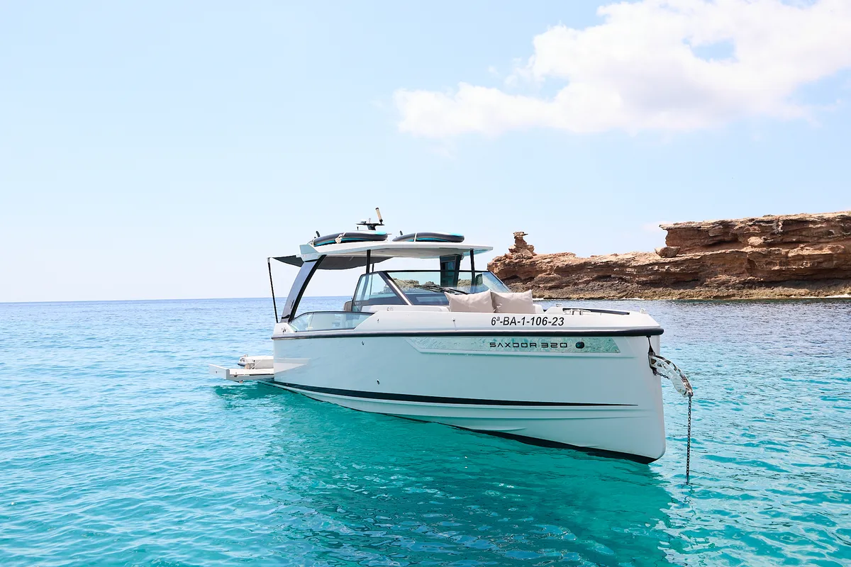 Dry Martini, a Saxdor 320 GTO motorboat at Ibiza, Spain