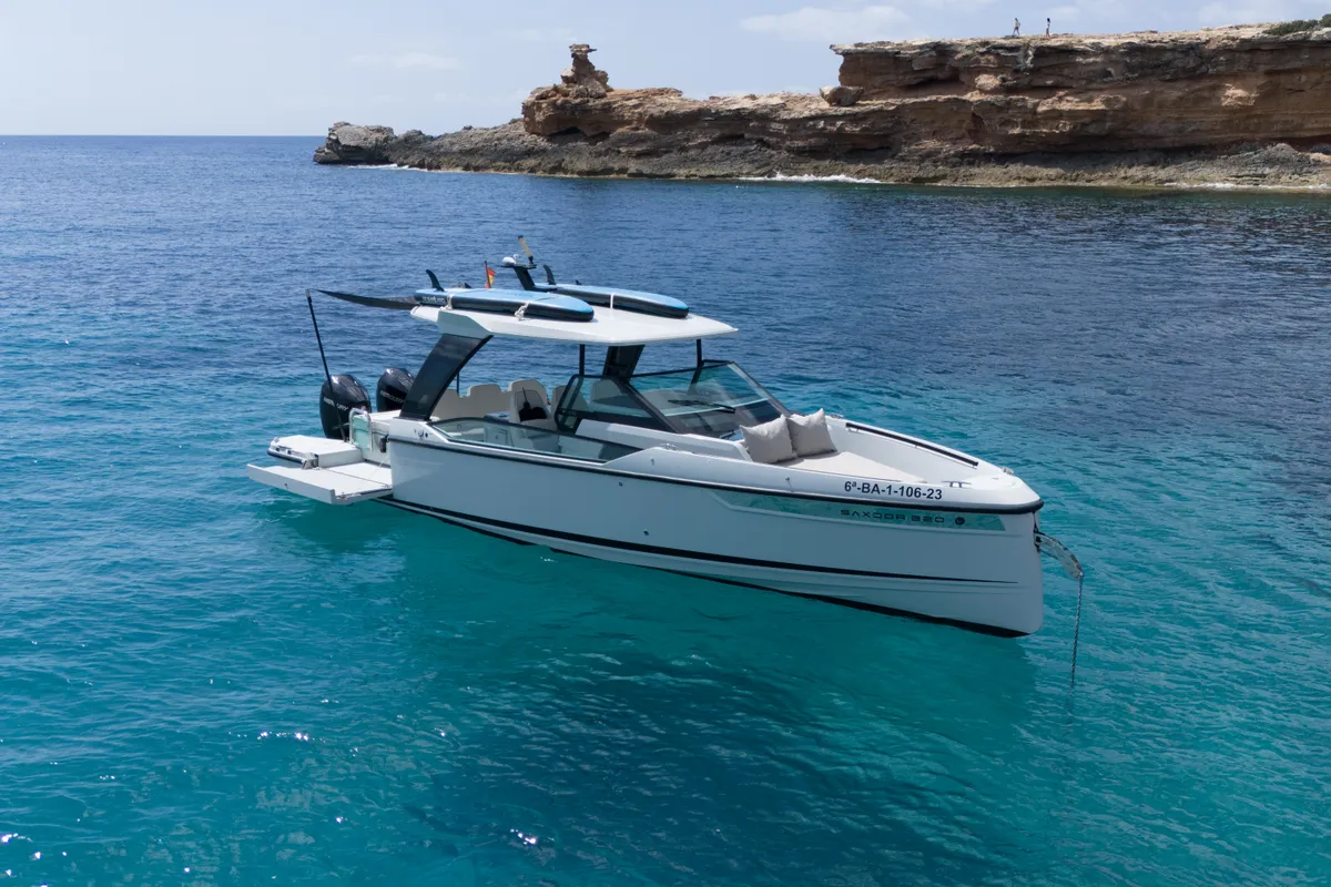 Dry Martini, a Saxdor 320 GTO motorboat at Ibiza, Spain