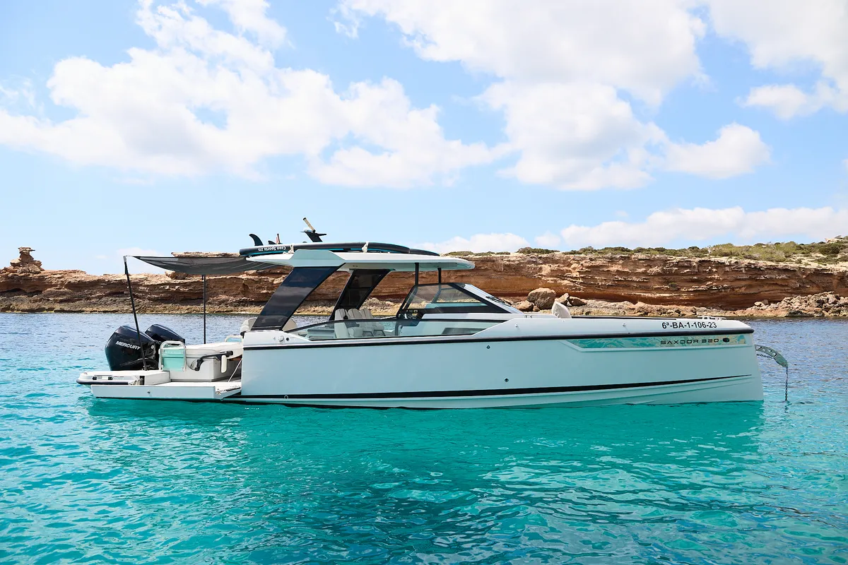 Dry Martini, a Saxdor 320 GTO motorboat at Ibiza, Spain