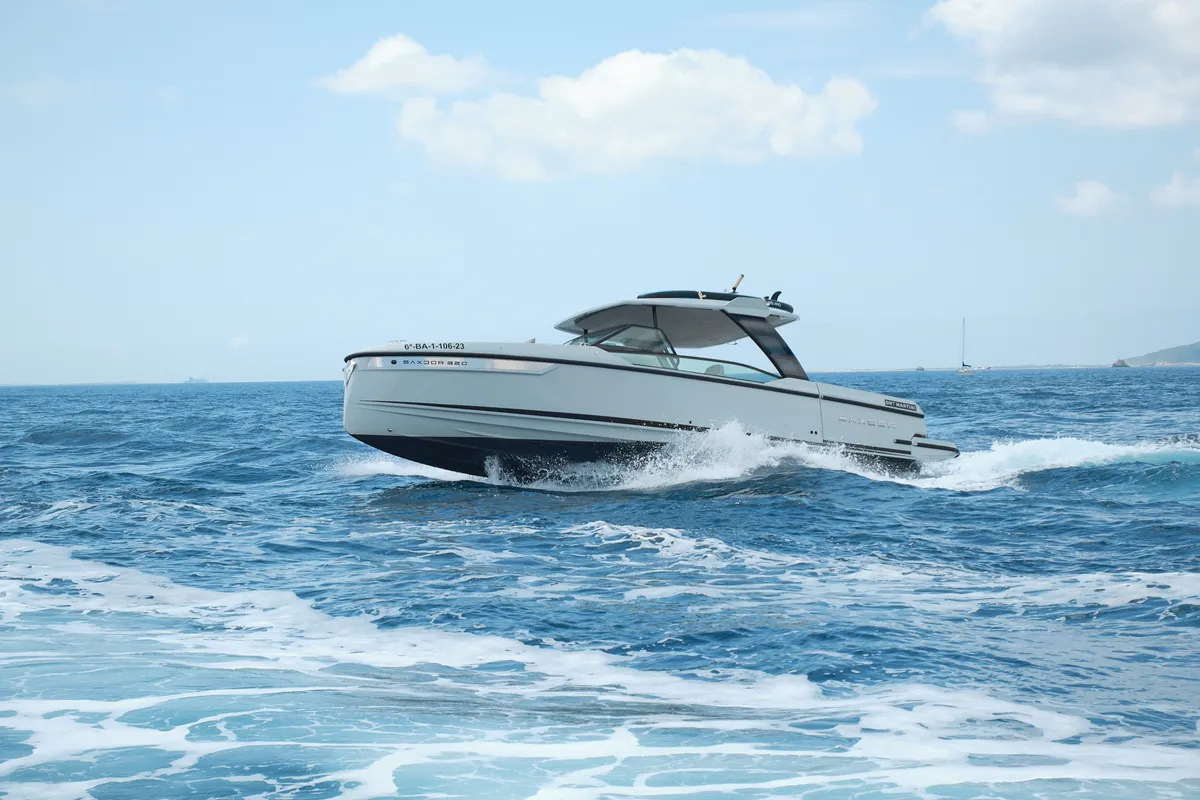 Dry Martini, a Saxdor 320 GTO motorboat at Ibiza, Spain