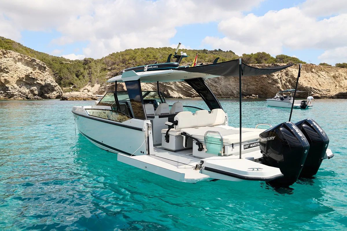 Dry Martini, a Saxdor 320 GTO motorboat at Ibiza, Spain