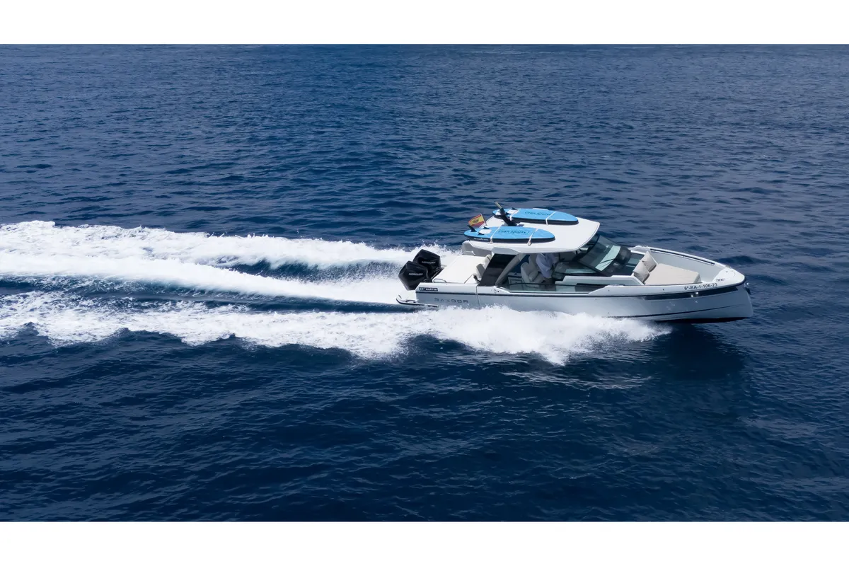 Dry Martini, a Saxdor 320 GTO motorboat at Ibiza, Spain