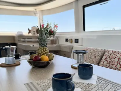 Salon of Yoff, a Lagoon 46 catamaran at Ajaccio, France