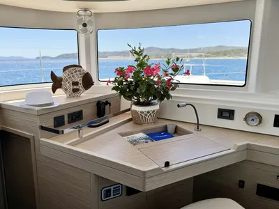 Cockpit of Yoff, a Lagoon 46 catamaran at Ajaccio, France