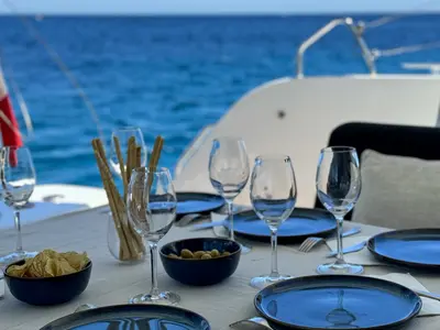 Deck of Yoff, a Lagoon 46 catamaran at Ajaccio, France