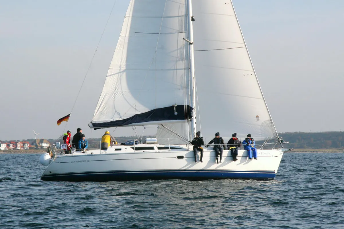 Exterior view of Moulin Rouge, a Jeanneau Sun Odyssey 40 sailboat at Barth, Germany
