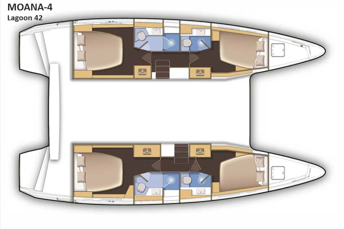 Floor plan of Moana-4, a Lagoon 42 catamaran at Fethiye, Turkey