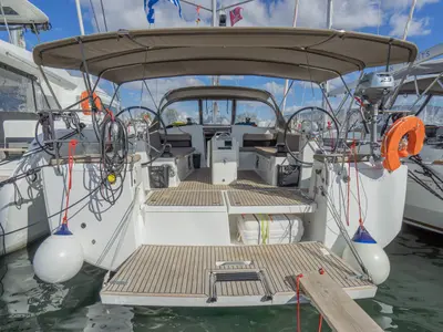 Cockpit of Sea Safari, a Jeanneau Sun Odyssey 490 sailboat at Municipal Unit of Ellomenos, Greece