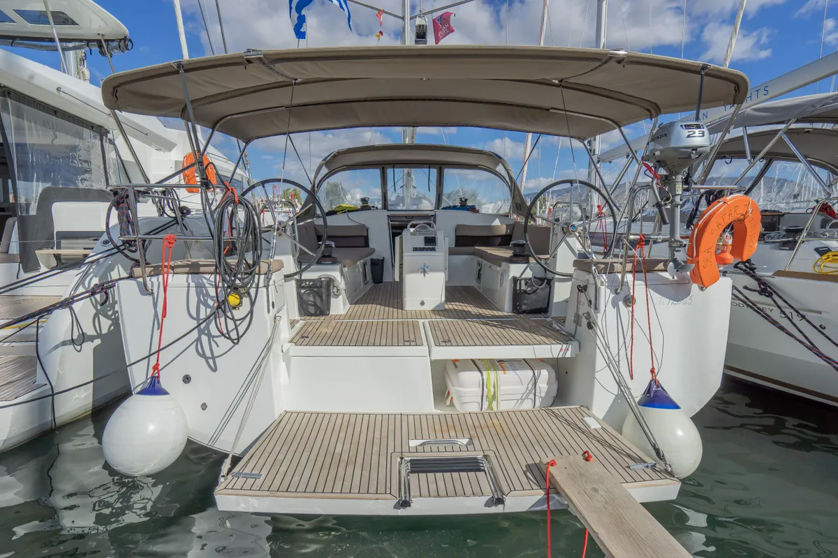 Cockpit of Sea Safari, a Jeanneau Sun Odyssey 490 sailboat at Municipal Unit of Ellomenos, Greece