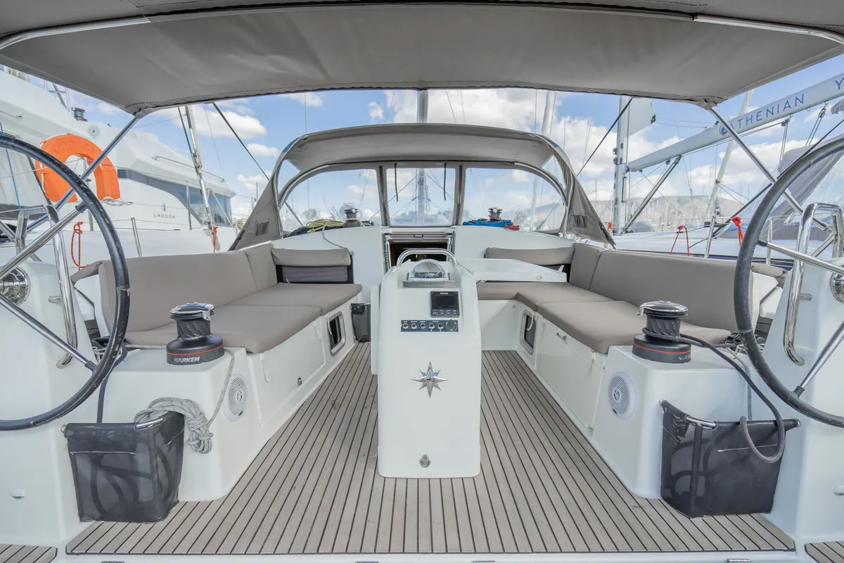 Cockpit of Sea Safari, a Jeanneau Sun Odyssey 490 sailboat at Municipal Unit of Ellomenos, Greece