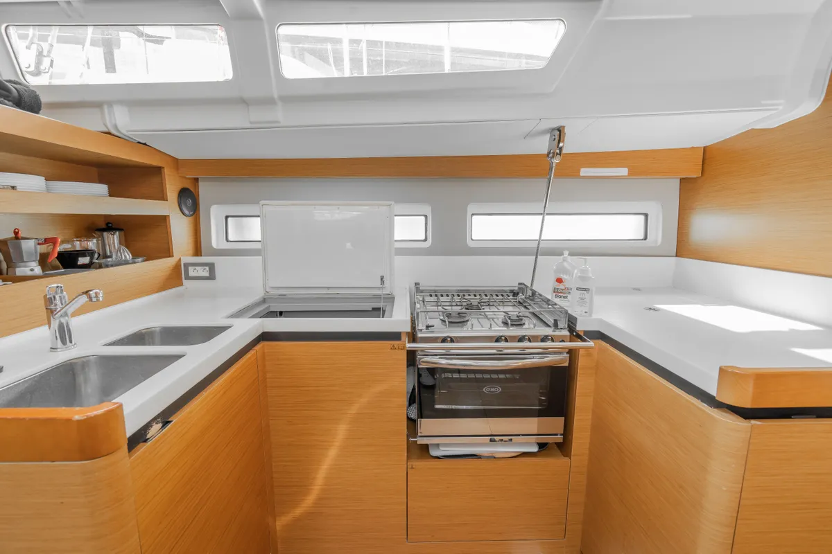 Galley of Sea Safari, a Jeanneau Sun Odyssey 490 sailboat at Municipal Unit of Ellomenos, Greece