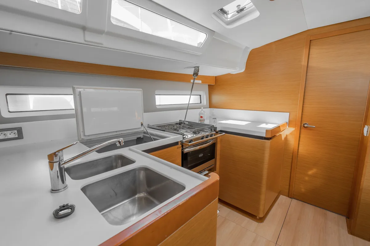 Galley of Sea Safari, a Jeanneau Sun Odyssey 490 sailboat at Municipal Unit of Ellomenos, Greece