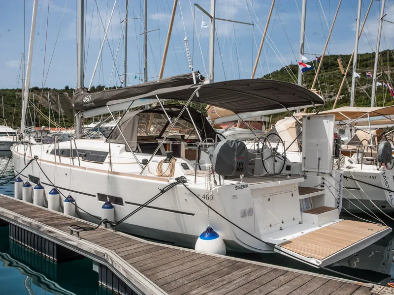 Exterior view of Lisabet, a Dufour 460 Grand Large sailboat at Primošten, Croatia