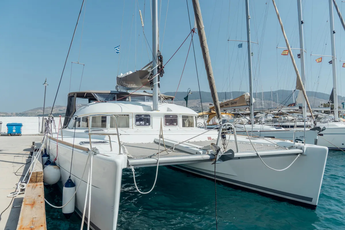 Exterior view of Nefertiti, a Lagoon 380 S2 catamaran at Kos, Greece