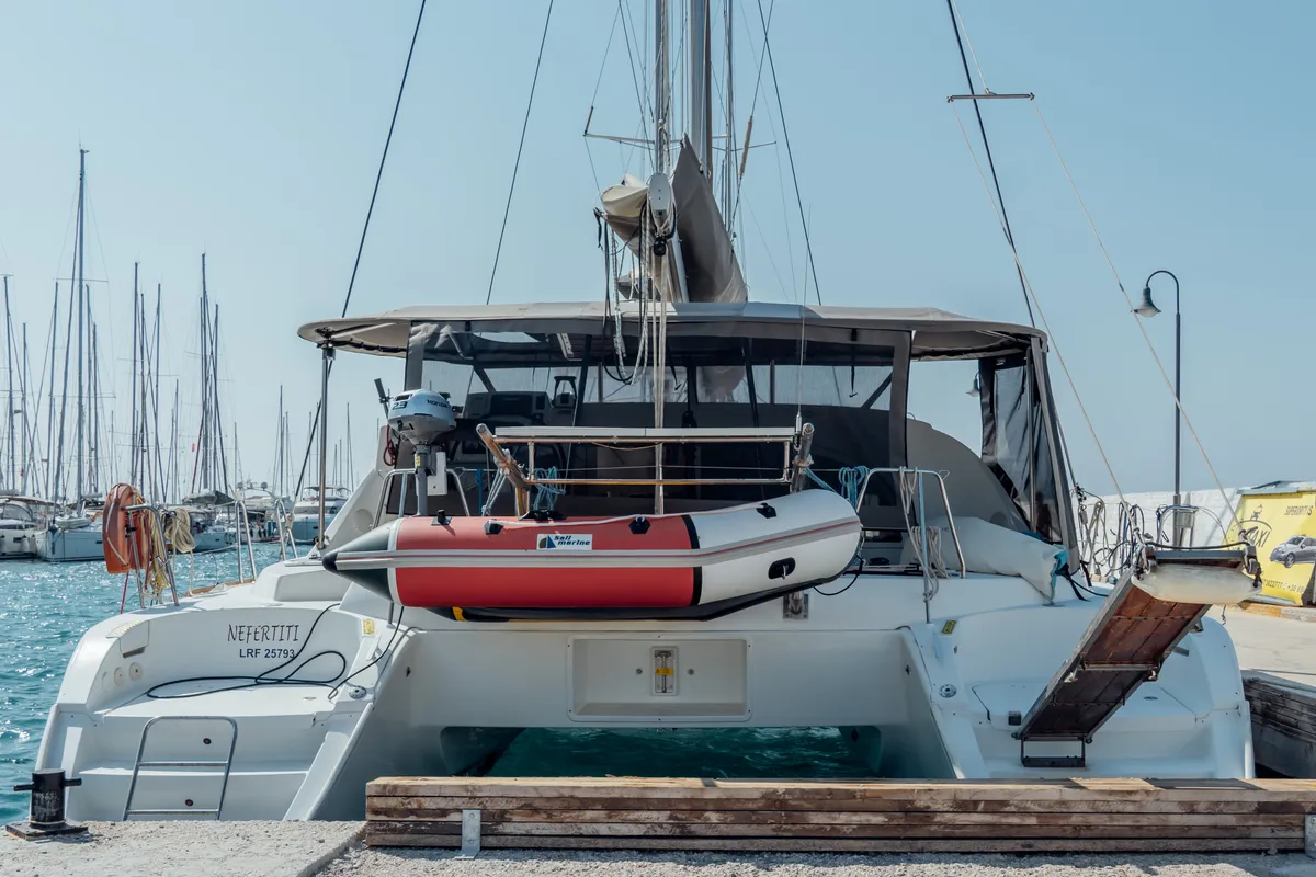 Exterior view of Nefertiti, a Lagoon 380 S2 catamaran at Kos, Greece