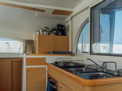 Galley of Nefertiti, a Lagoon 380 S2 catamaran at Kos, Greece