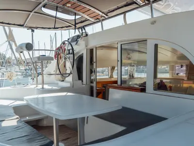 Deck of Nefertiti, a Lagoon 380 S2 catamaran at Kos, Greece
