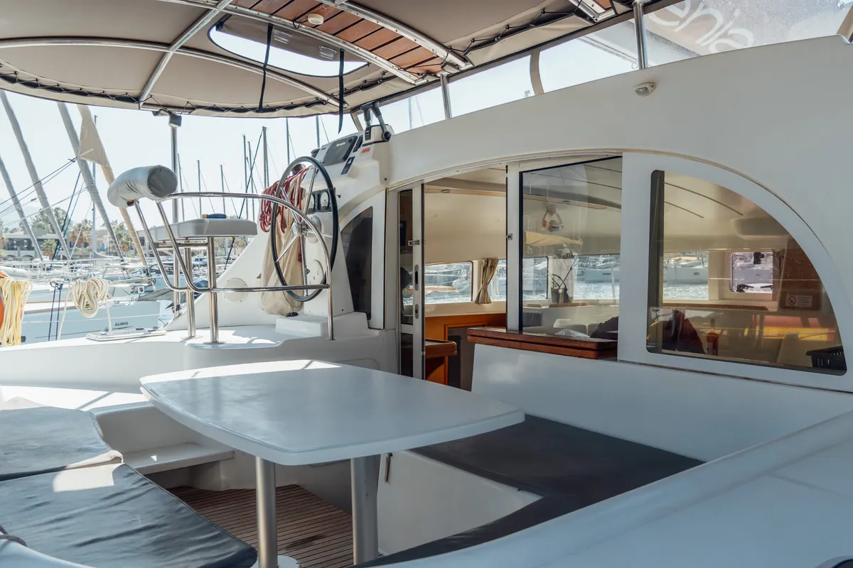 Deck of Nefertiti, a Lagoon 380 S2 catamaran at Kos, Greece