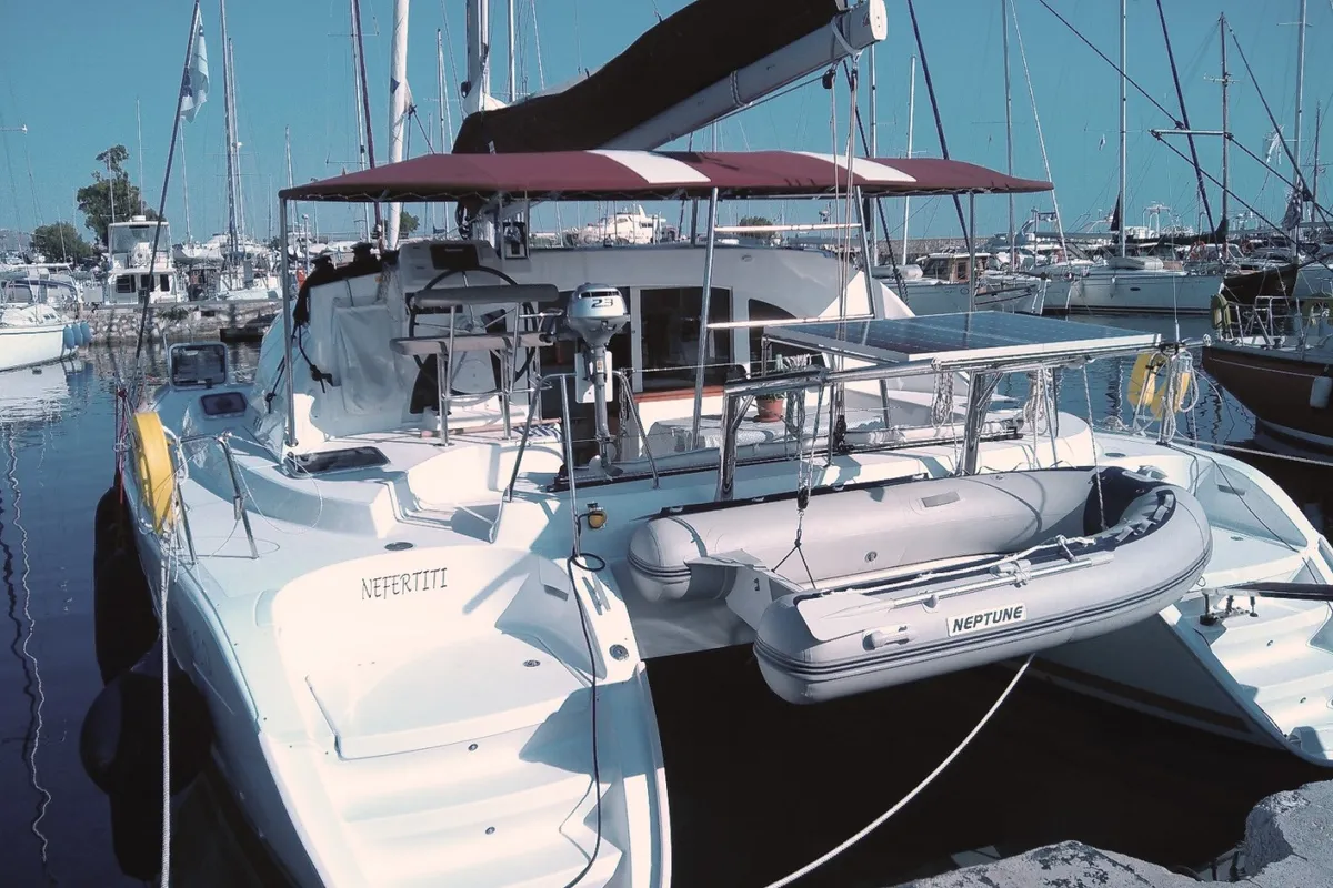 Exterior view of Nefertiti, a Lagoon 380 S2 catamaran at Kos, Greece