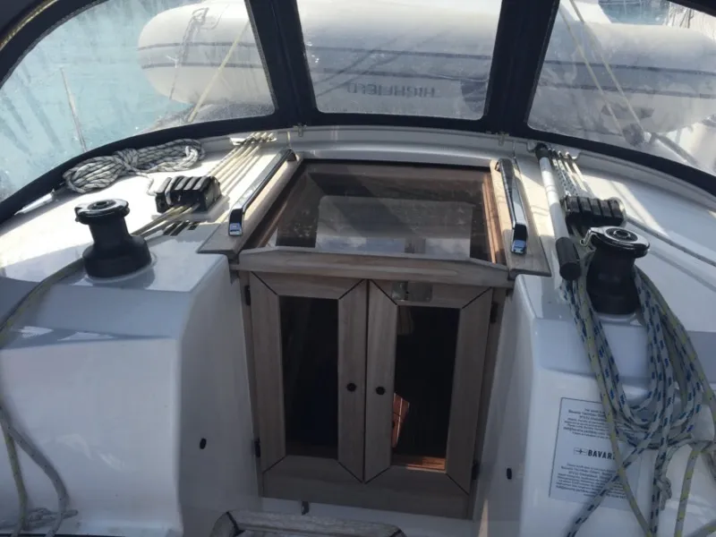 Deck of Menkar, a Bavaria Cruiser 37 sailboat at Olbia, Italy