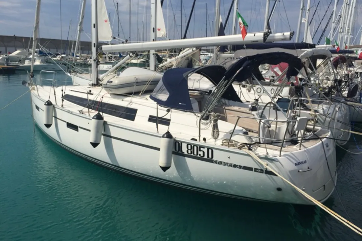 Cockpit of Menkar, a Bavaria Cruiser 37 sailboat at Olbia, Italy