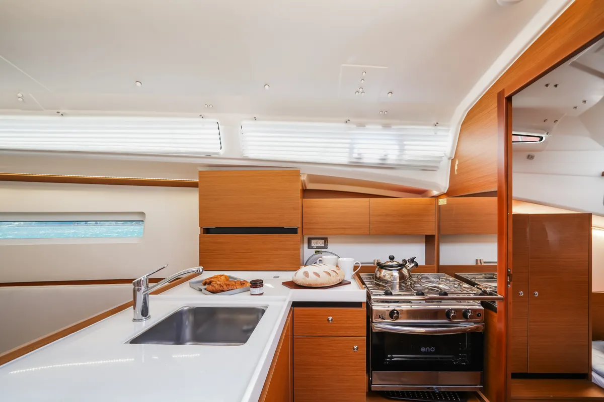 Salon of NorthWind 35, a Jeanneau Sun Odyssey 350 sailboat at Sipias Municipal Unit, Greece