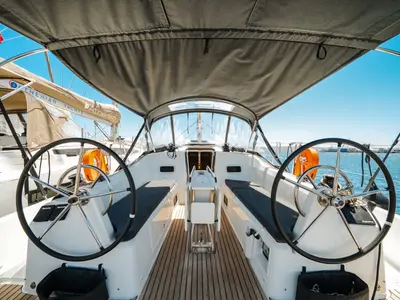 Cockpit of NorthWind 35, a Jeanneau Sun Odyssey 350 sailboat at Sipias Municipal Unit, Greece