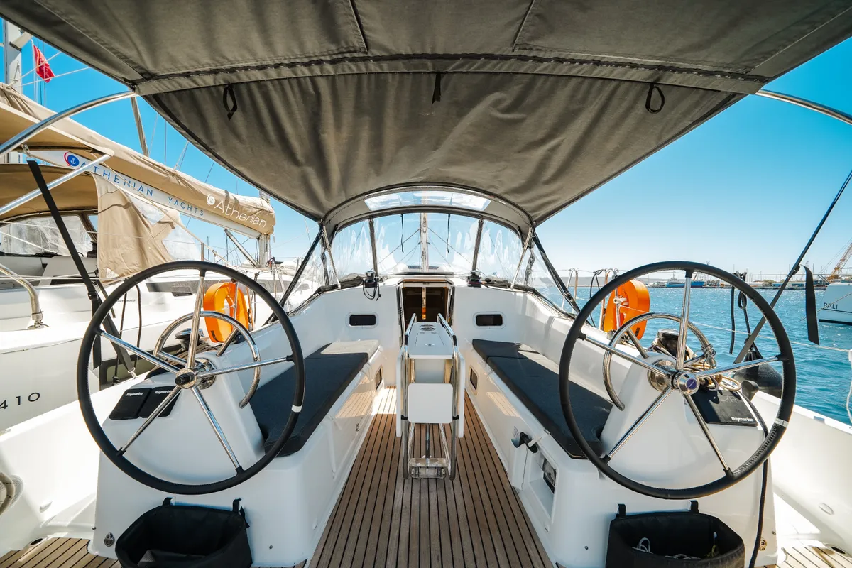 Cockpit of NorthWind 35, a Jeanneau Sun Odyssey 350 sailboat at Sipias Municipal Unit, Greece