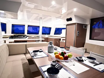 Cockpit of Perrito Caliente, a Bali Catspace catamaran at Tonnarella, Italy