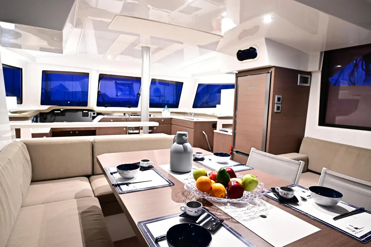 Cockpit of Perrito Caliente, a Bali Catspace catamaran at Tonnarella, Italy