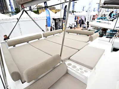 Deck of Perrito Caliente, a Bali Catspace catamaran at Tonnarella, Italy