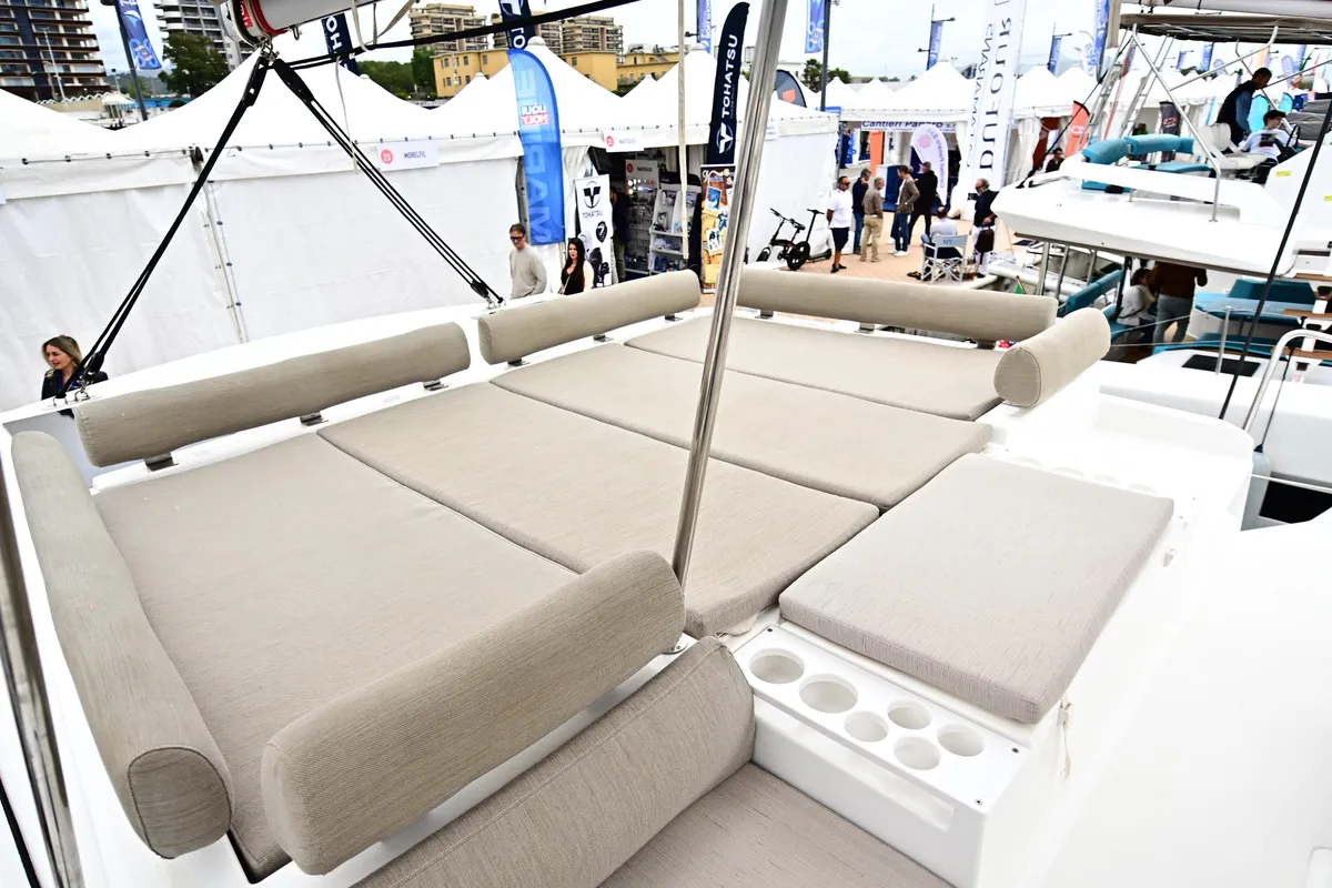 Deck of Perrito Caliente, a Bali Catspace catamaran at Tonnarella, Italy