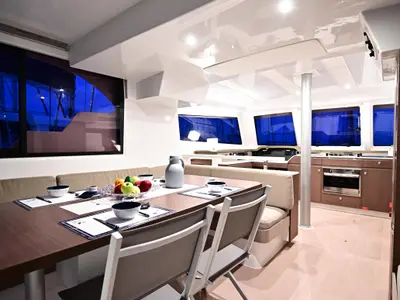 Salon of Perrito Caliente, a Bali Catspace catamaran at Tonnarella, Italy