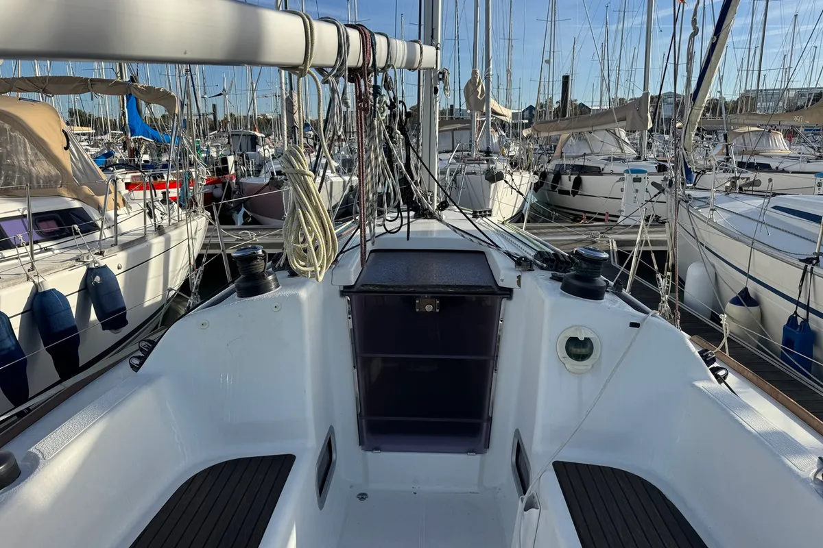 Deck of Barboat, a Beneteau First 30 sailboat at La Rochelle, France