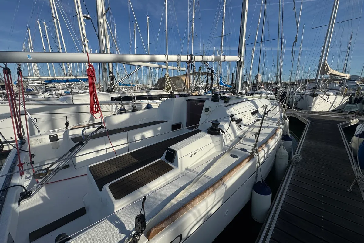 Deck of Barboat, a Beneteau First 30 sailboat at La Rochelle, France