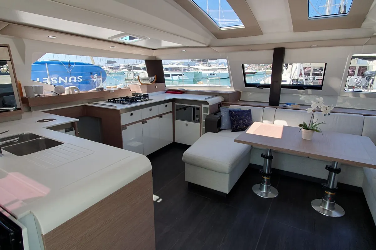 Salon of Summer Flow, a Fountaine Pajot Elba 45 catamaran at Seget Donji, Croatia