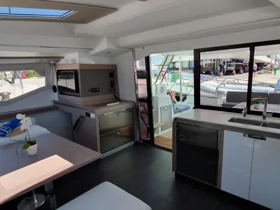 Salon of Summer Flow, a Fountaine Pajot Elba 45 catamaran at Seget Donji, Croatia